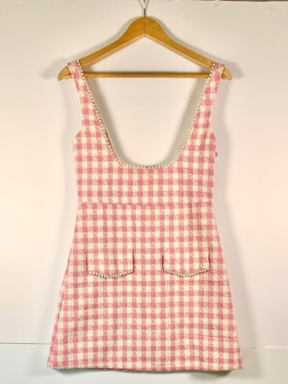 SHEIN Pink White Mini Dress Gingham Plaid Pearl Detail Clueless Costume Preppy